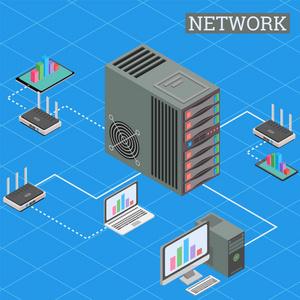 等距网络连接网络拓扑概念服务器机房数据中心和数据库图标云存储矢量